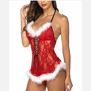 Red Women Sexy One Piece Lingerie Teddy Lace Bodysuit Mini Christmas Sleepwear